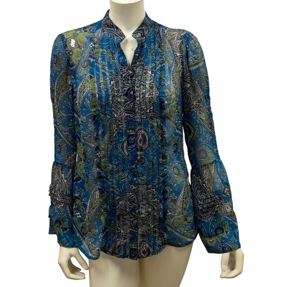 INC International Concepts Womens Sheer Paisley Ruffle Blouse Size 8 - Picture 1 of 7